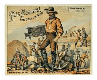 The Bonanza Stove W/ Gold Miners Lg 1880 Antique Victorian Trade Card Atwater Oh
