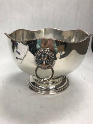 Vintage Silverplate On Copper Punch Bowl Ice Bucket Lions Head Rope Edge Bowl
