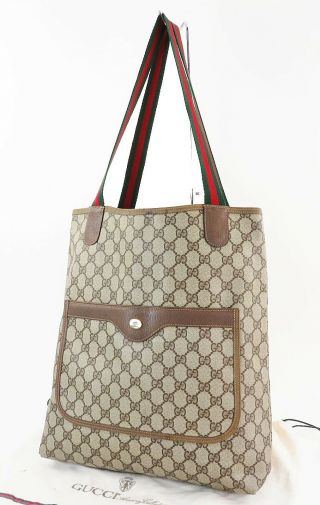 Authentic Vintage Gucci Brown Gg Pvc Canvas And Leather Tote Bag Purse 32406
