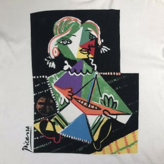Picasso Vintage 1988 T Shirt White Multi Color Cubism Graphic Portrait Mens XL 3
