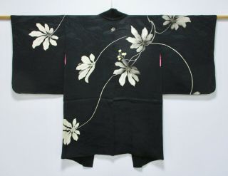 Japanese Kimono Silk Antique Long Haori / Black / Vintage Silk Fabric /32