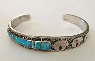 Vintage Sterling Silver & Opal Southwestern Native Engraved Cuff Bracelet