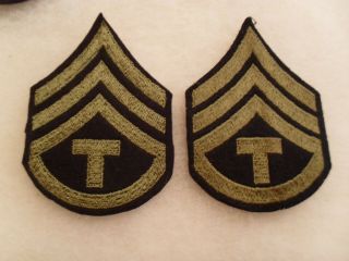 Pair Wwii Sgt W/ 1 Rocker " T " For Tech - 3 Us Army/aaf Od Chevrons Emb Black Felt