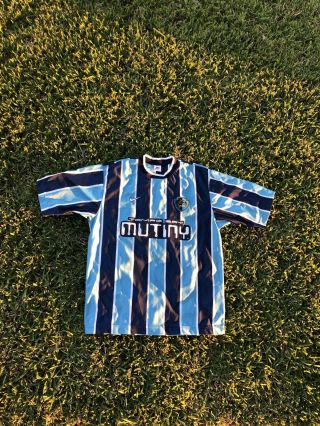 Vtg Mutiny Nike White Tag Soccer Jersey Blue Striped Tampa Bay Usa Made Sz L