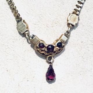 Antique Victorian Gold Vermeil Book Chain Bohemian Garnet Dangle Necklace,  18 "