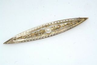 Deco Vintage Cultured Pearl 10k Yellow Gold Filigree Bar Pin Brooch