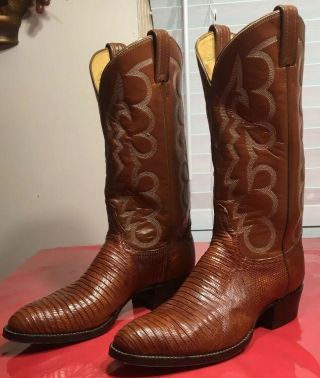 338 - Vintage Tony Lama Cowboy Boots Lizard Skin Brown Style 8025 Men 