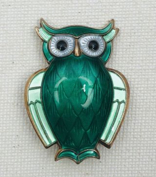 Vintage Sterling Silver David Andersen Norway Green Enamel Owl Brooch