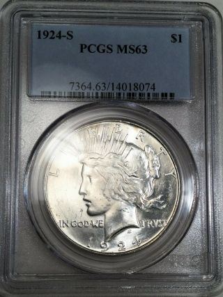 1924 - S Peace Dollar Pcgs Ms63 Coin Rare Date