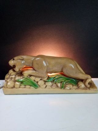 Vtg 40 - 50s Mcm Panther Tv Lamp Light Chalkware Cougar Puma In Grass Rare Classic