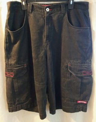 Vintage JNCO Faded Black Long Cotton Skater Urban Baggy Cargo Shorts sz 38 2