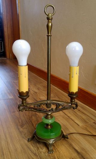 Antique Vintage Art Deco Cast Iron & Jadeite 2 Socket Table Lamp