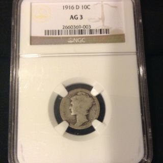1916 - D Mercury Dime 10c Coin - Certified Ngc Ag3 - Rare Key Date Coin
