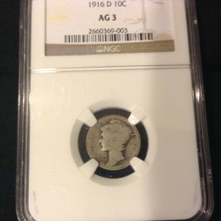 1916 - D Mercury Dime 10C Coin - Certified NGC AG3 - Rare Key Date Coin 2