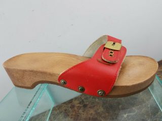 Vintage Dr Scholls Red Leather Wood Slip On Exercise Casual Slides Sandals 7