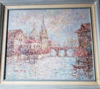 Large Vintage Signed Marie Charlot Cityscape Painting - Rome - Impressionist - River