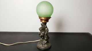 Vtg Art Deco Cast Spelter Figural Knight Lamp Green Crackle Globe Bronze Finish
