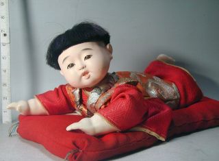 Ichimatsu Boy Doll 105 Japanese Vtg Gofun Crawling Baby Kid Silk Kimono Ningyo