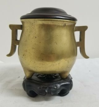 Antique Chinese Heavy Bronze Censer With Wooden Base Stand Lid Reign Mark 1550gr