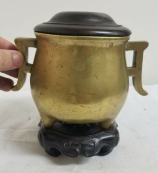 Antique Chinese Heavy Bronze Censer with Wooden Base Stand Lid Reign Mark 1550gr 2