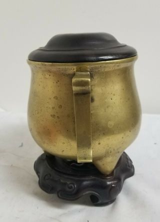 Antique Chinese Heavy Bronze Censer with Wooden Base Stand Lid Reign Mark 1550gr 3
