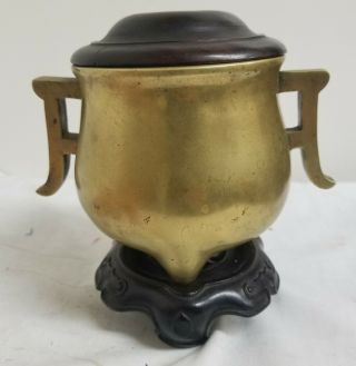 Antique Chinese Heavy Bronze Censer with Wooden Base Stand Lid Reign Mark 1550gr 4
