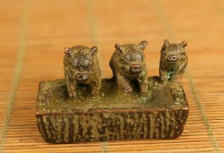 Antique Old Bronze Hand Carving Three Pigs Propitious Statue Netsuke Noble Gift