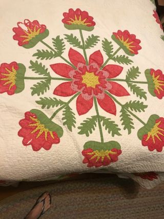 True Antique Hand Made Quilt,  Predominantly Green Red Yellow & White 2