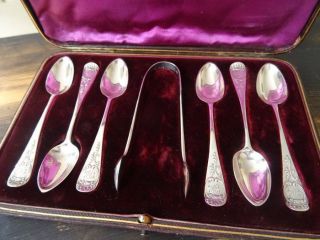 An Exquisite Boxed Set Victorian Solid Silver Coffee Spoons & Tongs C.  1885