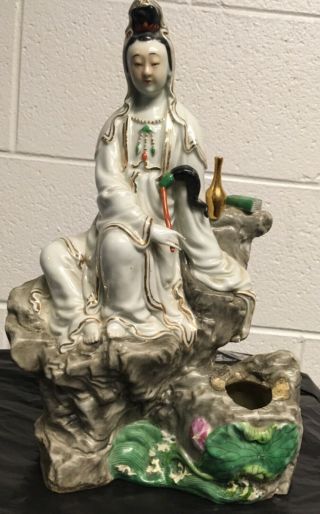 Finely Painted Antique Chinese Goddess Signed Porcelain 12” Figure Statue