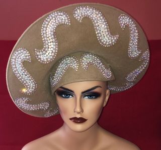 Stunning Vintage Jack Mcconnell Beige Felt Wool? Hat Rhinestones Pearls