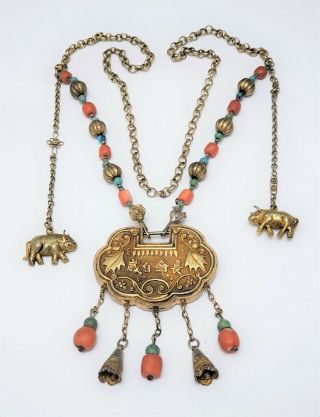 Vintage Chinese Turquoise Coral Silver & Gilt Metal Necklace W Lock Pendant