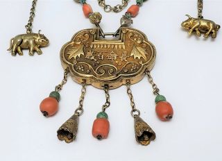 Vintage Chinese Turquoise Coral Silver & Gilt Metal Necklace w Lock Pendant 2