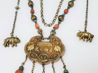 Vintage Chinese Turquoise Coral Silver & Gilt Metal Necklace w Lock Pendant 3
