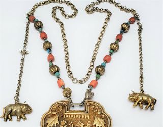 Vintage Chinese Turquoise Coral Silver & Gilt Metal Necklace w Lock Pendant 4