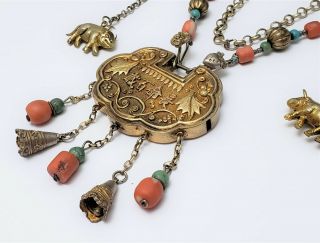 Vintage Chinese Turquoise Coral Silver & Gilt Metal Necklace w Lock Pendant 5