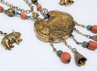 Vintage Chinese Turquoise Coral Silver & Gilt Metal Necklace w Lock Pendant 6
