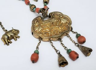 Vintage Chinese Turquoise Coral Silver & Gilt Metal Necklace w Lock Pendant 7