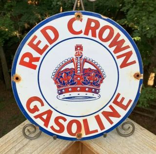 Vintage Red Crown Gas Porcelain Enamel Sign 11 3/4 Gasoline Oil Pump Plate