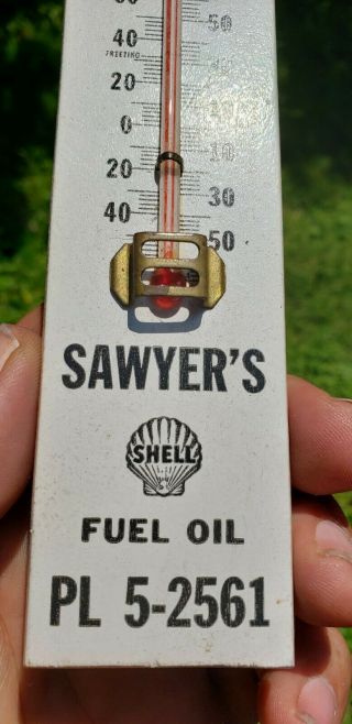 Antique Vintage Wood Shell Oil Advertising Thermometer Rare Early Phone Number