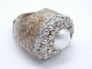 RARE MESI JILLY MABE PEARL COWRIE SHELL RING ADORNED WITH SILVER MADE In ITALY 2