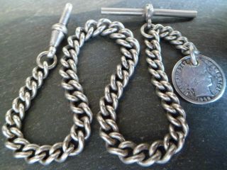 Antique Silver Plated Albert Pocket Watch Chain,  Solid Silver 1908 Usa Coin Fob