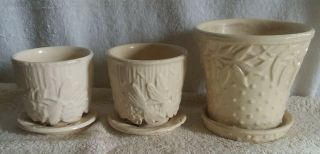 3 Vintage Mccoy Art Pottery Ivory Planters 2 Small W/ Dragonflies 1 W/ Leaves