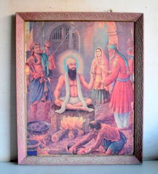 Old Antique Indian Sikh God Guru Gobind Singh Seat On Fire Print Framed