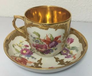 Antique Kpm Neuzierat Dresden Floral & Raised Gold And Gold Interior Coffe Cup