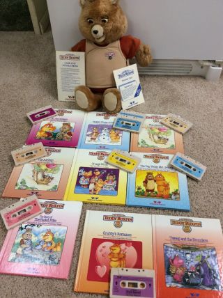 Vintage 1984,  1985 Teddy Ruxbin Talking Bear,  9 Books And 9 Tapes,  Care Guide