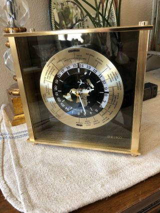 Seiko Brass Mantel World Time Clock Airplane Second Hand Gmt Analog Vintage