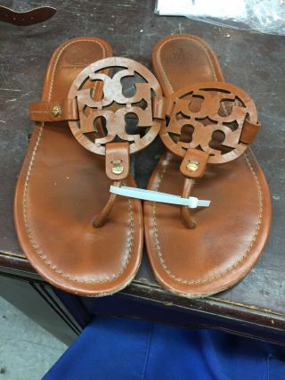 627 Tory Burch Miller Vtg Vachetta Leather Logo Thong Sandal Ladies Sz 10m Read