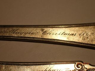 Civil War Era Coin Silver Spoon Fork Knife set engraved Maggie Christmas 1862 6