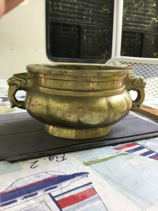 Vintage Old Signed Chinese Brass Censor Handled Incense Burner